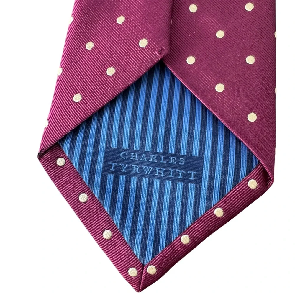 Charles Tyrwhitt Men Silk Polka Dot Tie Burgundy Magenta White 3.25 Wide